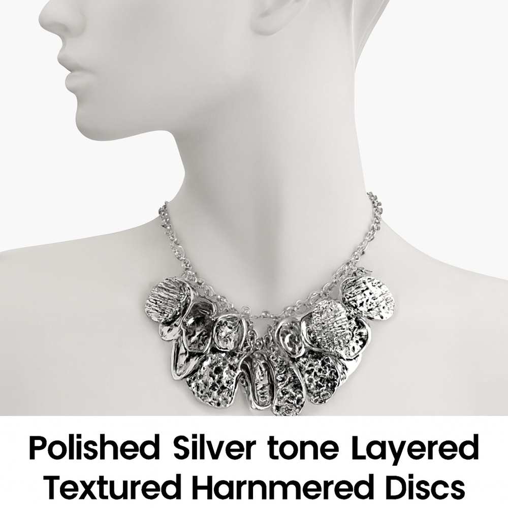 Women’s Silver Hammered Disc, Hoop Necklace – Layered Textured Statement Jewelry